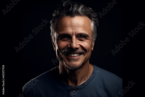 Caucasian mature adult man smiling on a black background