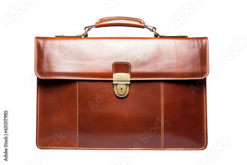 Vintage brown leather briefcase with brass buckles, classic design, and fine craftsmanship, ideal for professionals, isolated on a white background