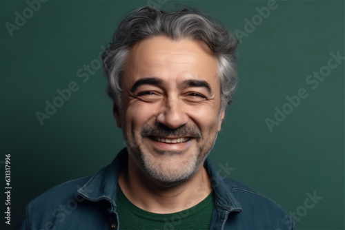 Caucasian mature adult man smiling on a green background