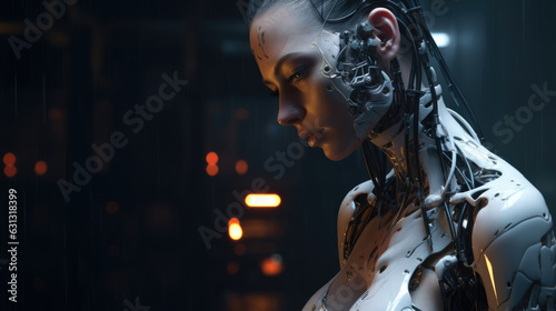 A female cyborg with a neural chip implant fused into her skin to represent seamless integration between technology and cyberpunk ar