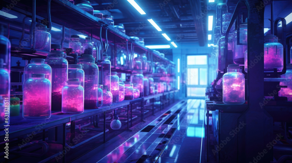 An eerie scene of a lab filled with biohacking equipment vials containing glowing neon fluids in the background. cyberpunk ar