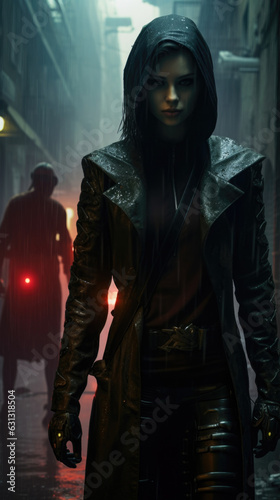 A still of an android and a human dressed in cyberpunk attire standing facetoface in a smoky alleyway. cyberpunk ar