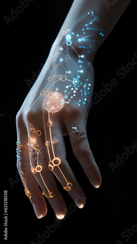 A closeup of a persons hand with an implant embedded in their skin covered in a faint glow of circuitry. cyberpunk ar