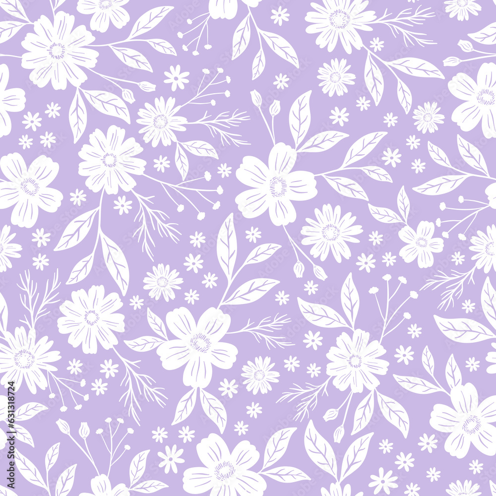 white floral in sweet purple backrgound, seamless pattern