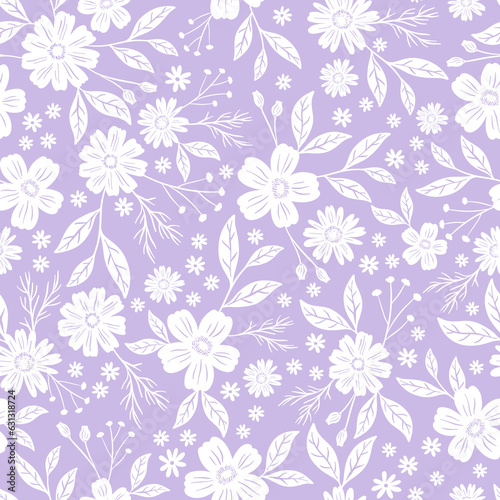 white floral in sweet purple backrgound  seamless pattern