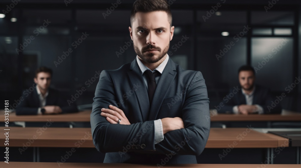Fototapeta premium Confident Business Stance: A Serious-looking Businessman with Crossed Arms Standing, generative AI