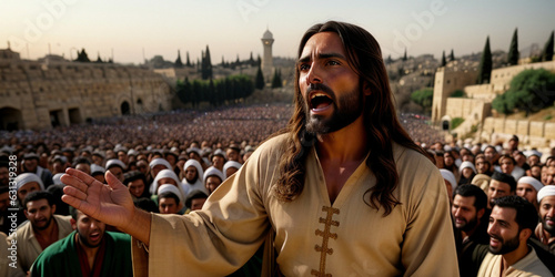 Jesus speaking to crowd in Jerusalem