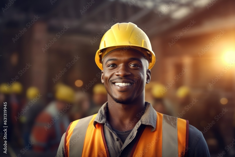 Middle age african man builder in yellow helmet smiling, looking in camera on the blurred background of the construction. Generative ai Middle age african man builder in yellow helmet smiling, looking in camera on the blurred background of the construction. Generative ai