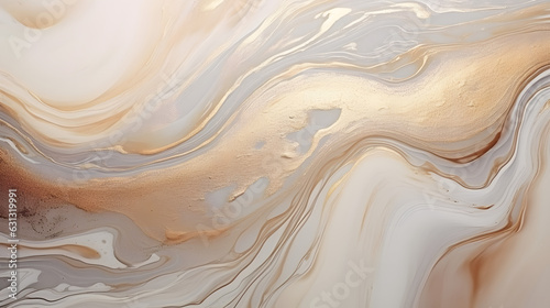 Abstract fluid art background beige and silver colors. Liquid marble. Ink beige backdrop with shiny wavy pattern 