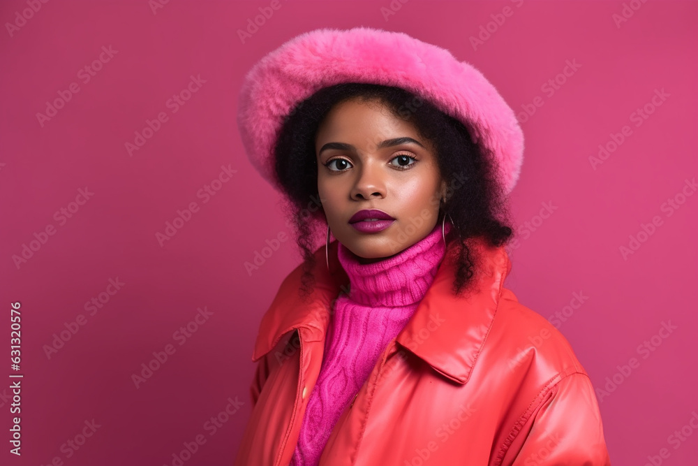 Pretty afro-american woman posing in pink autumn outfit, studio, copyspace. Generative AI Pretty afro-american woman posing in pink autumn outfit, studio, copyspace. Generative AI