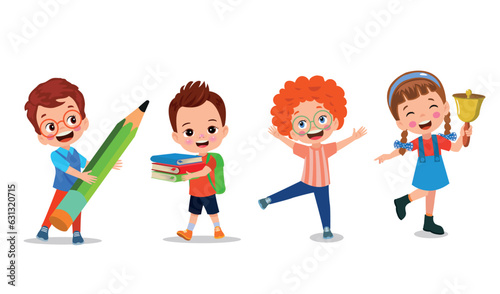 Happy kids cartoon collection. Multicultural children in different positions isolated on white background