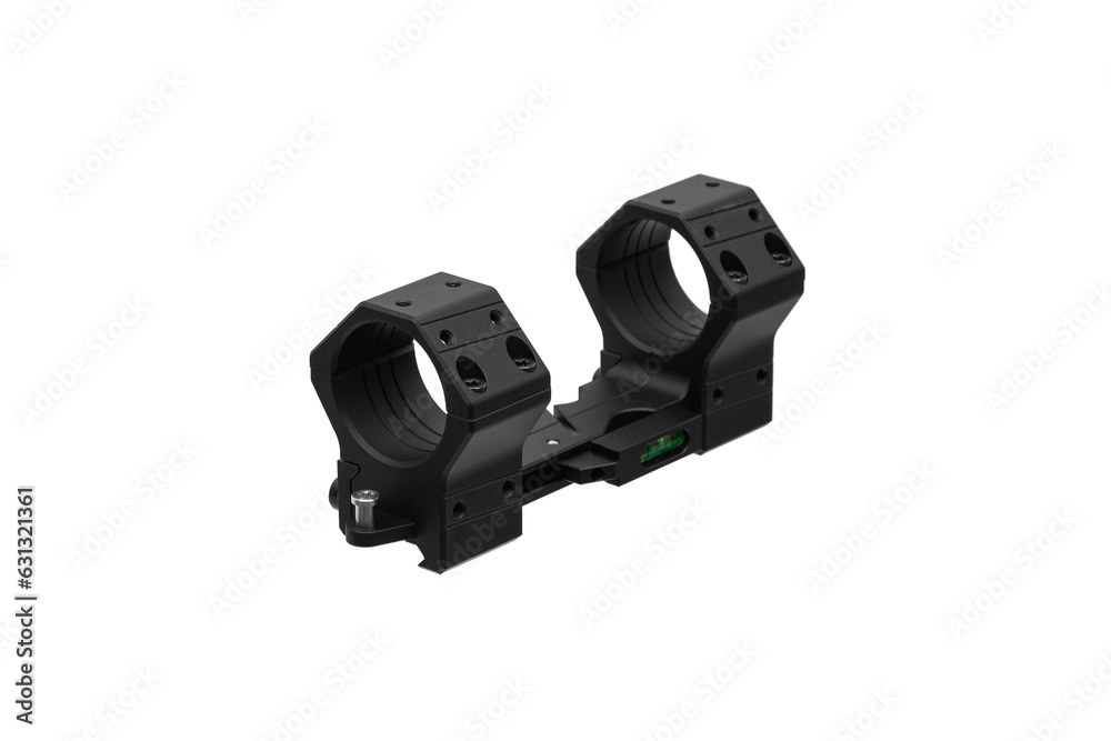 Quick disconnect mount made for holding a scope on a rifle isolated on white back. Quick Release Sniper Cantilever Scope Mount. Quick disconnect mount made for holding a scope on a rifle isolated on white back. Quick Release Sniper Cantilever Scope Mount.