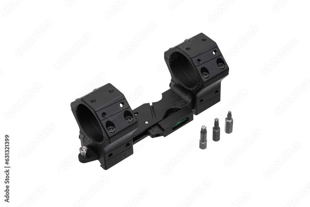 Quick disconnect mount made for holding a scope on a rifle isolated on white back. Quick Release Sniper Cantilever Scope Mount.