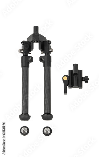 Modern metal folding bipod for a rifle or carbine. A device for the convenience of shooting. Isolate on a white back.
