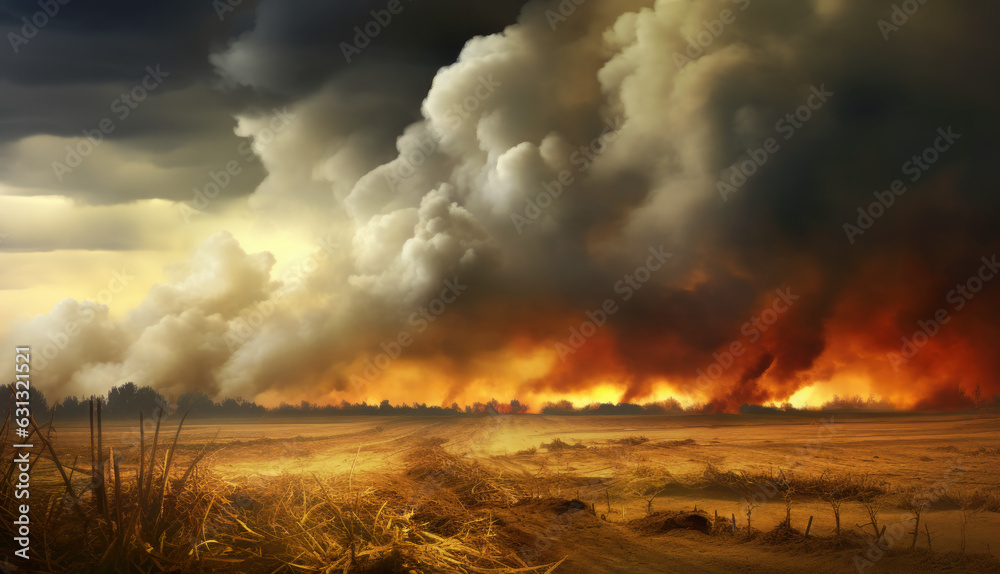 Wildfire consuming an agricultural field and filling the horizon with its flames and smoke beneath dramatic sky