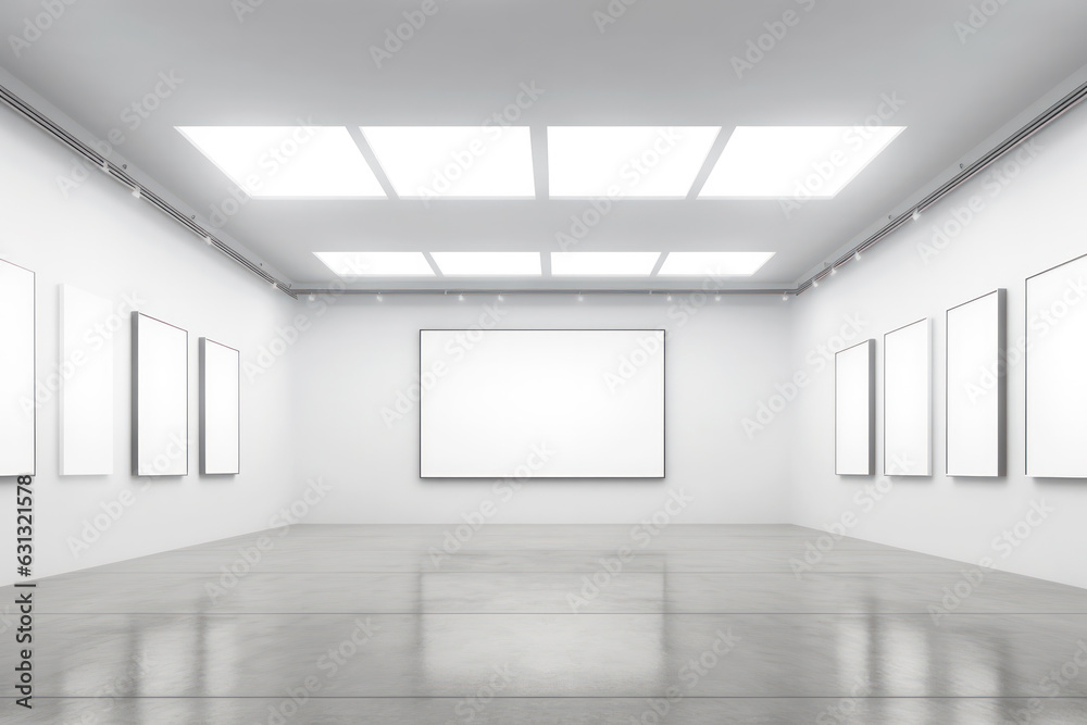 Array of blank frames on the white walls of a modern art gallery, a mockup for presenting artworks or designs Array of blank frames on the white walls of a modern art gallery, a mockup for presenting artworks or designs