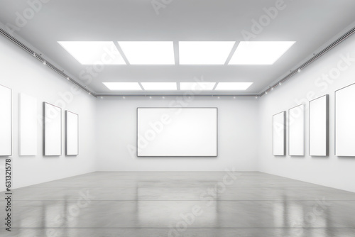 Array of blank frames on the white walls of a modern art gallery, a mockup for presenting artworks or designs