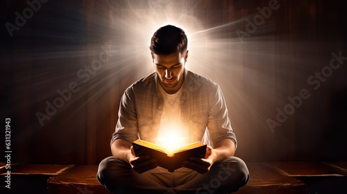 A man reading a book while holding a candle illumination background art