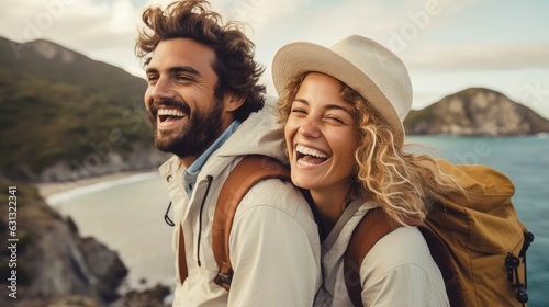 Group of happy friends and laughing, tourism, travel, people sharing good and positive mood, backpack camping hiking journey travel trek concept, with blurred background, Generative AI illustration © AITTHIPHONG