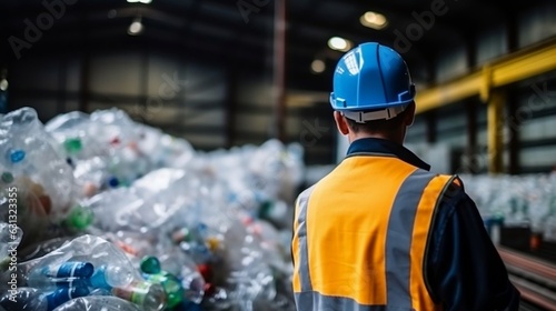 Engineer observing plastic bottle in recycling industry photo