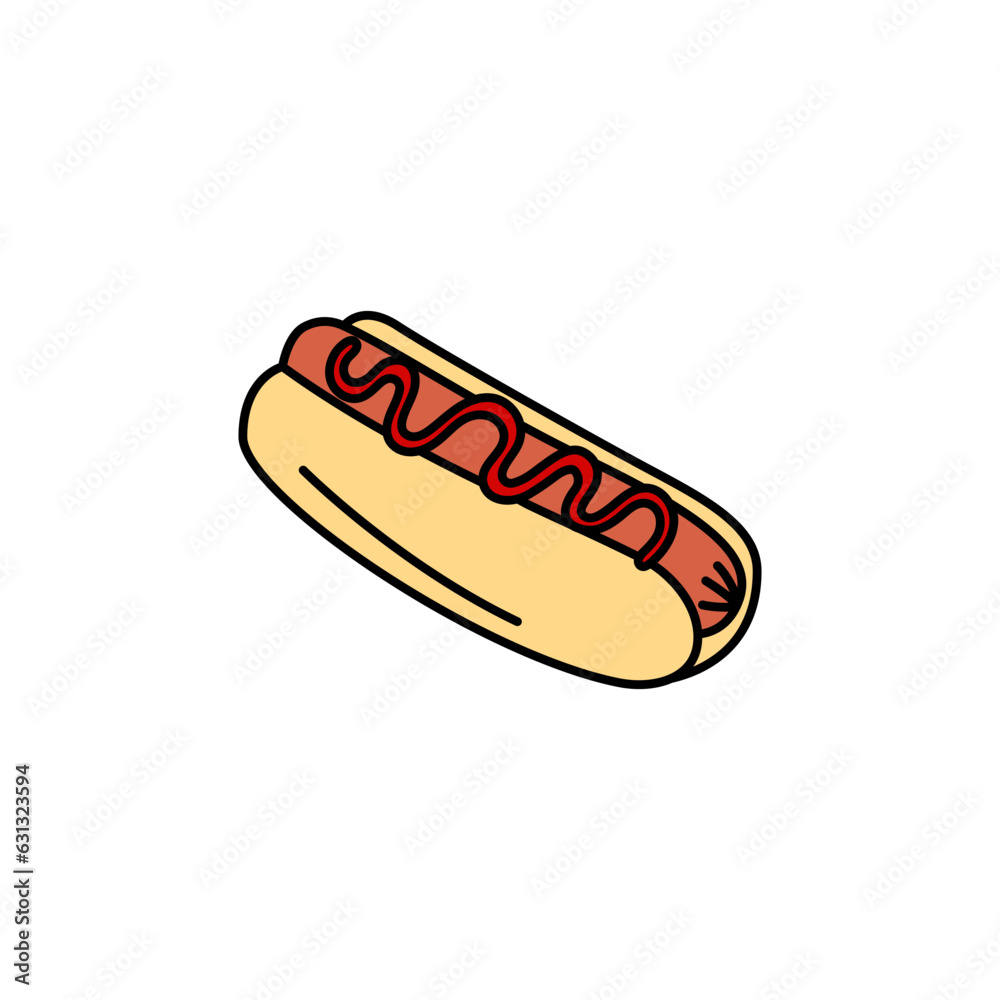 Hot Dog vector doodle element isolated. Outline illustration of traditional fast food meal. Hand drawn cute colorful doodles Hot Dog vector doodle element isolated. Outline illustration of traditional fast food meal. Hand drawn cute colorful doodles
