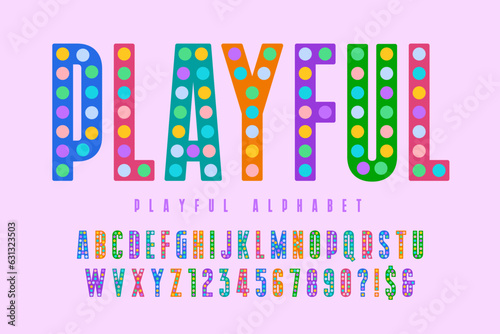 Colorful alphabet design, marquee style, playful characters set.