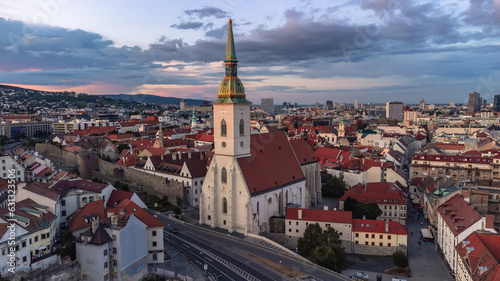 Photography Bird's eye view taken from a drone at night - panoramic view of a city in Europe