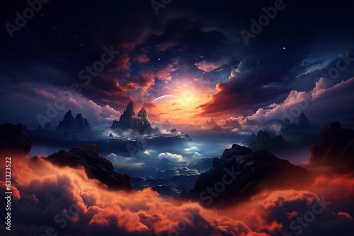 Epic surreal world with majestic rocky mountains under a cloud of nebula interspatial