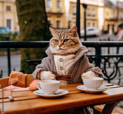 Cat drinking a tea in the city. Created with generative Ai technology