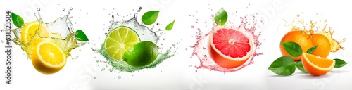 Set of citric fruits with splash of water on white background. Lemon, lime, grapefruit and orange