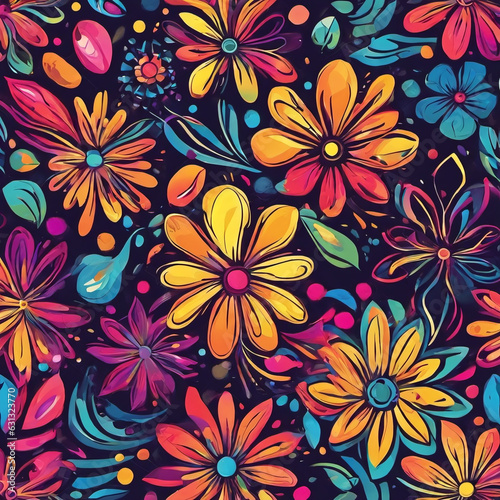 Colorful background of many flowers of different types. Nature illustration. Generative AI