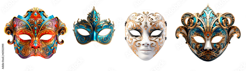 Set of different types of carnival masks over isolated transparent background