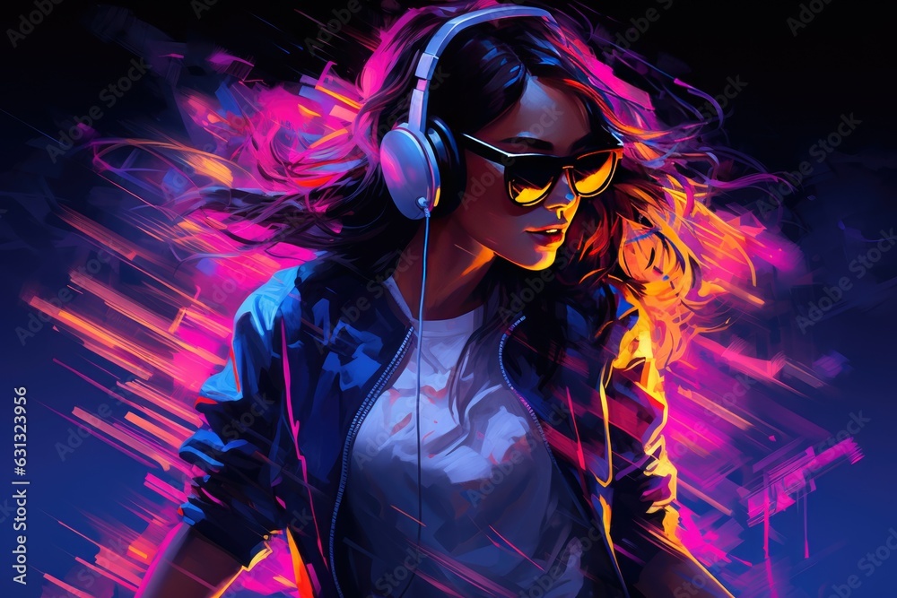 illustration of a girl in headphones with flying hair, in neon style illustration of a girl in headphones with flying hair, in neon style
