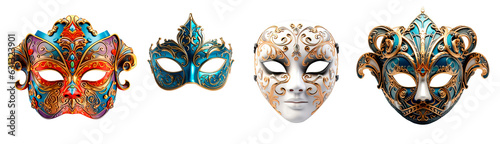 Canvastavla Set of different types of carnival masks over isolated transparent background