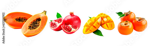 Set of exotic fruits on isolated transparent background. Papaya, pomegranate, mango and naranjilla photo