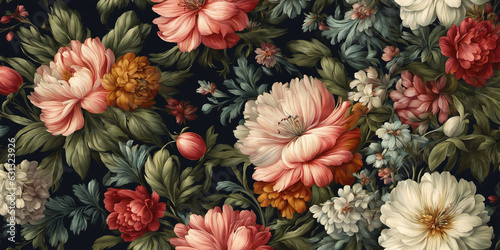 Colorful background of many large painted flowers of different types. Nature illustration. Generative AI