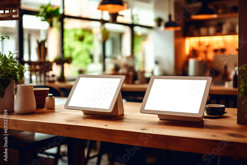 Restaurant bar table with two digital tablets for ordering. Transparent screen with copy space