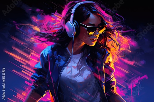 illustration of a girl in headphones with flying hair, in neon style