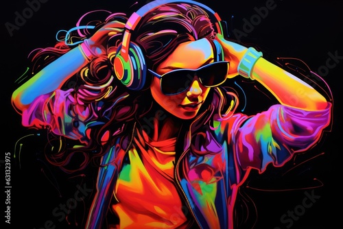 illustration of a girl in headphones with flying hair  in neon style