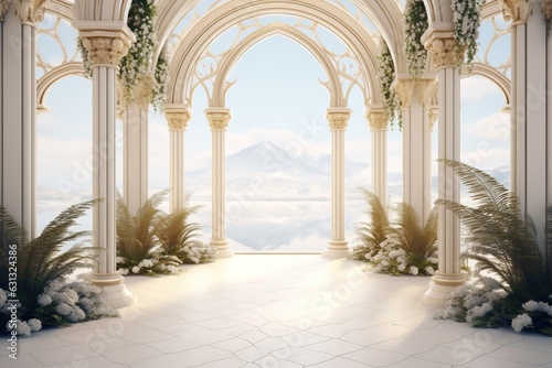 Photo Interior Design of a Huge Mansion with the Style of a Monaster, Some Vegetation and Flowers in the Archway near the Sea