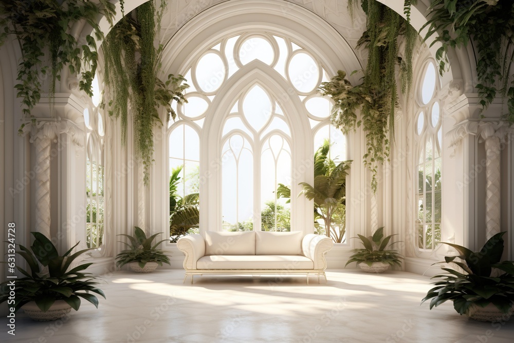 Interior Design of a Huge Mansion with the Style of a Monaster, Some Vegetation and Plants. Generative AI.	