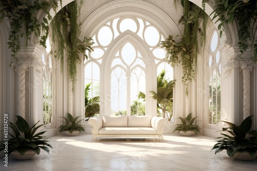 Interior Design of a Huge Mansion with the Style of a Monaster, Some Vegetation and Plants. Generative AI.  © Boss