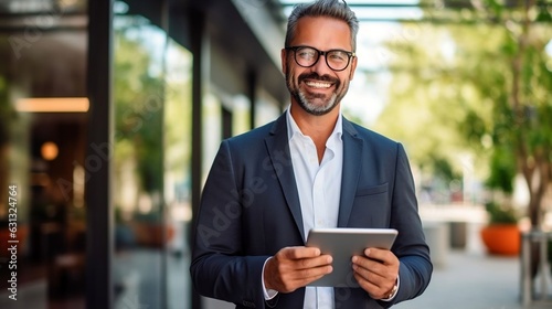 Businessman in glasses holding tablet, portrait shot