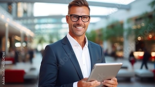 Businessman in glasses holding tablet, portrait shot