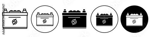 Battery symbol Icon. Flat outlined logo of automotive zinc or lithium charger with high voltage capacity cell. Vector set of Industrial chargeable lead power supply of electronic car equipment