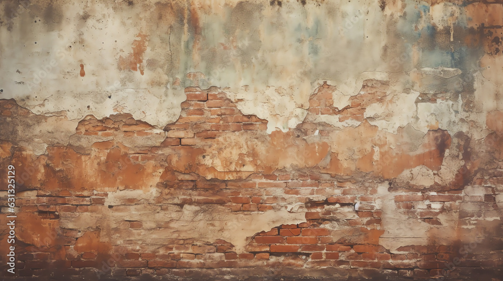 Generative AI : Empty Old Brick Wall Texture. Painted Distressed Wall Surface. Grungy Wide Brickwall. Grunge Red Stonewall Background. Shabby Building Facade With Damaged Plaster. Abstract Web Banner.