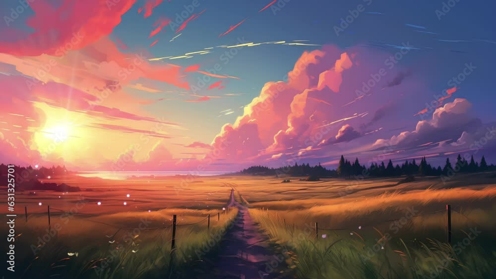 a scene of a sunset landscape over grass and a trail. background animation, seamless looping video animate, 4k animation.
