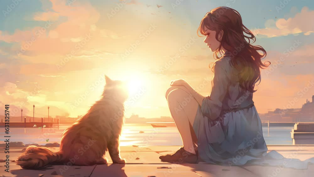 cute anime girl sitting on a ground with a cat staring at the sunset in the afternoon by the beach. seamless looping video animated background.