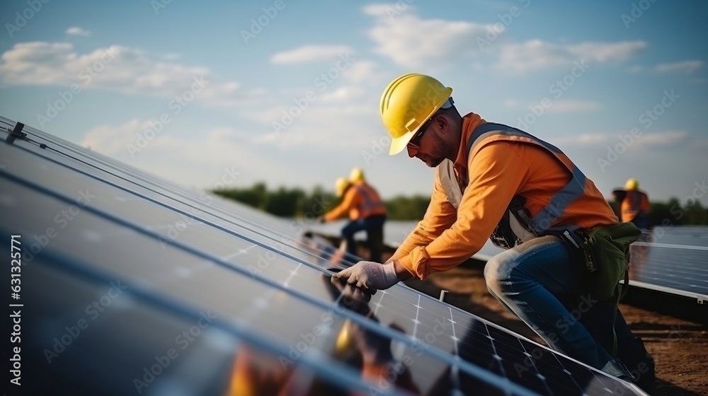 Workers installing solar cell farm power plant Workers installing solar cell farm power plant