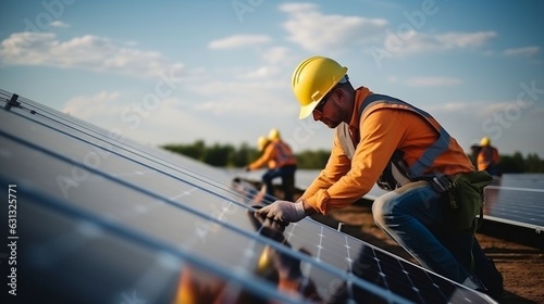 Workers installing solar cell farm power plant photo